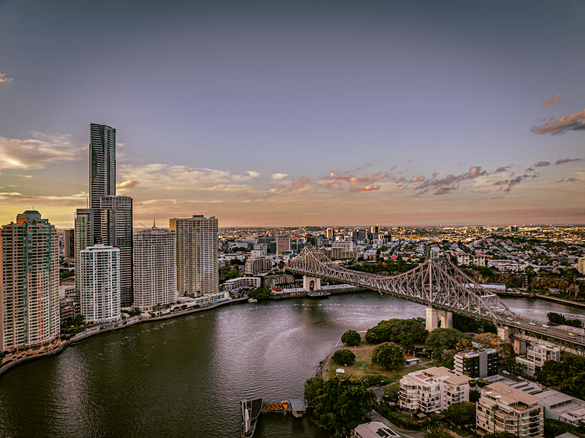 Brisbane CBD and the Story Bridge over the Brisbane River at dusk