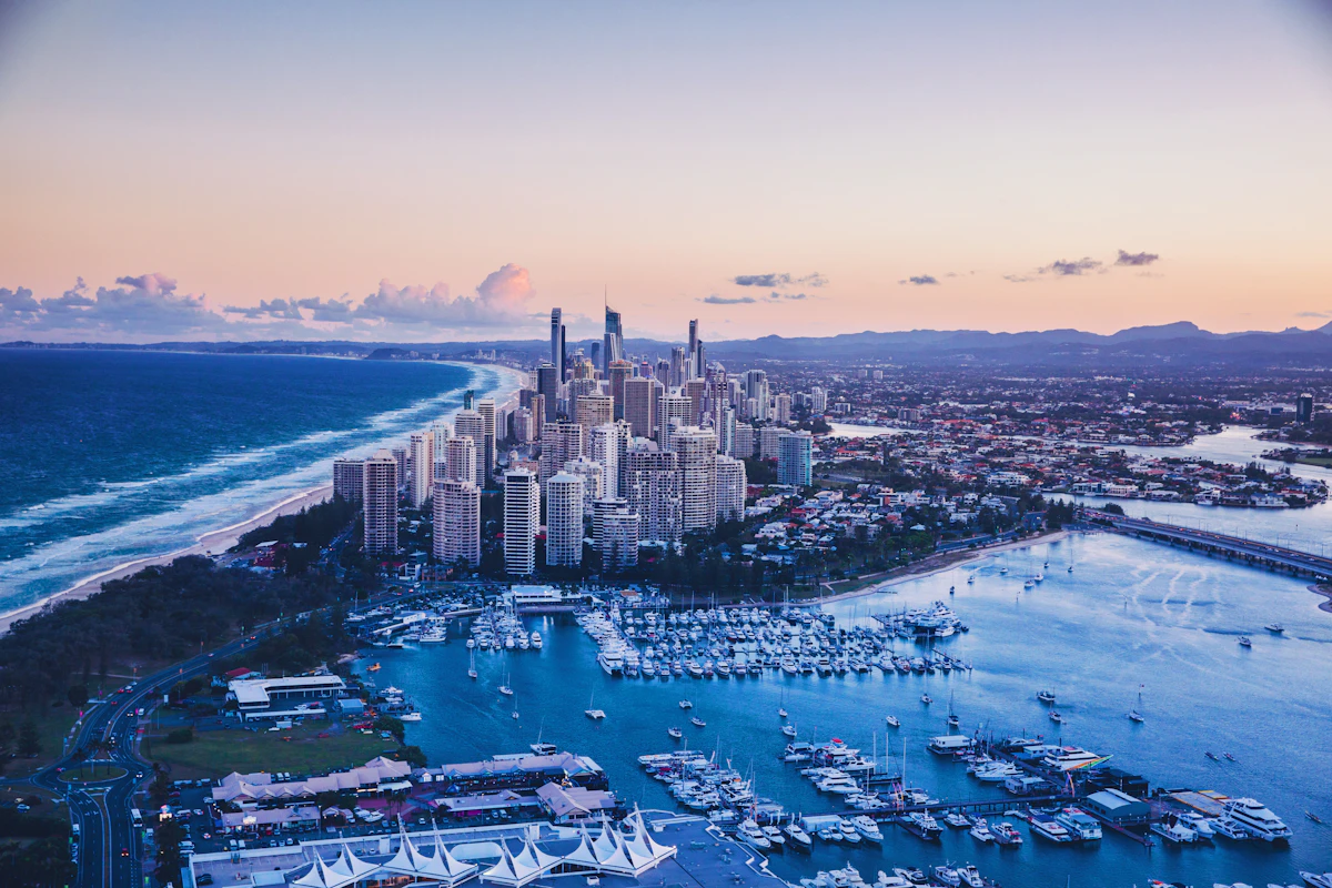 Aerial view of Surfers Paradise and the Gold Coast at dusk