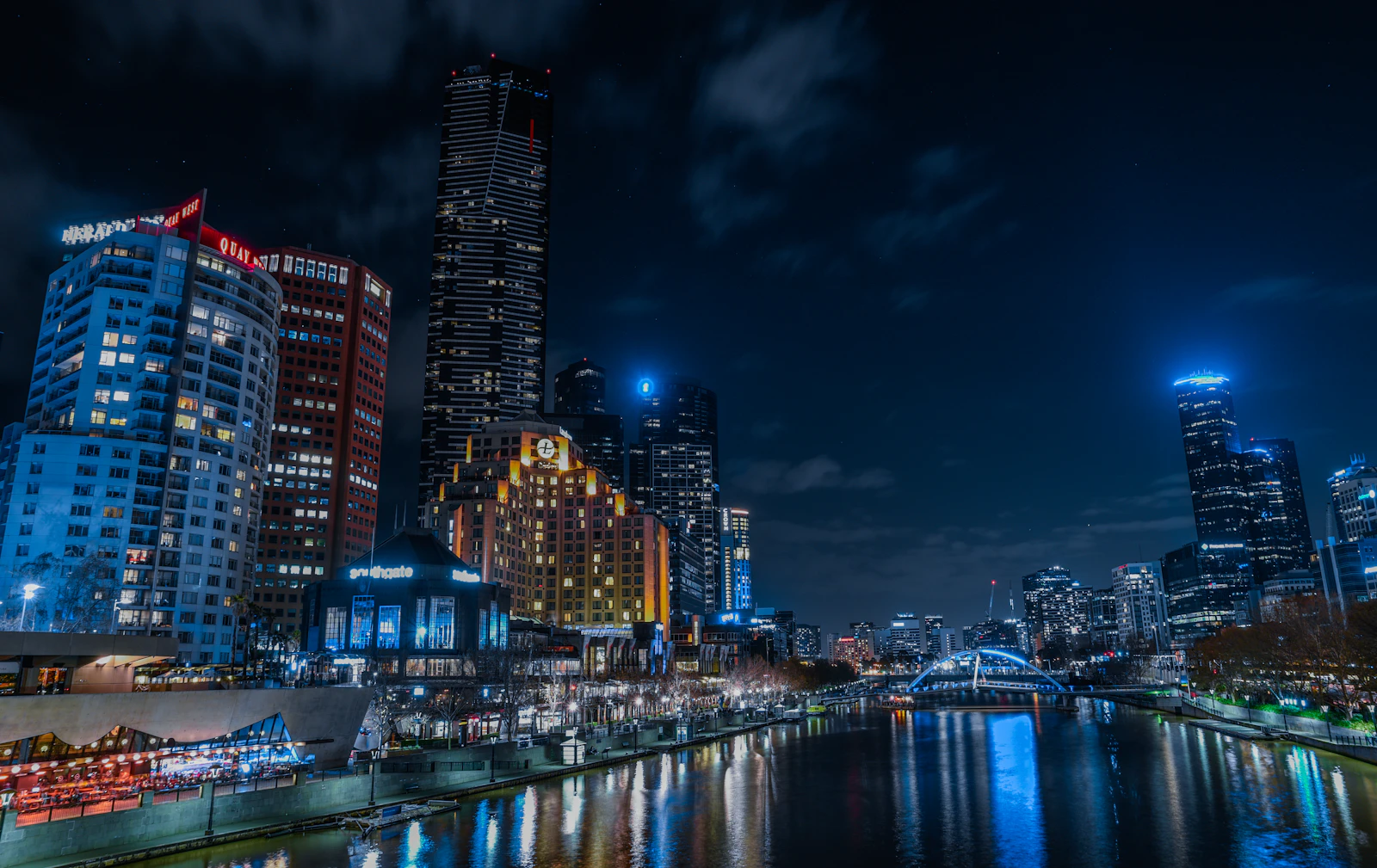 Melbourne CBD skyline at night reflected in the Yarra River at Southbank